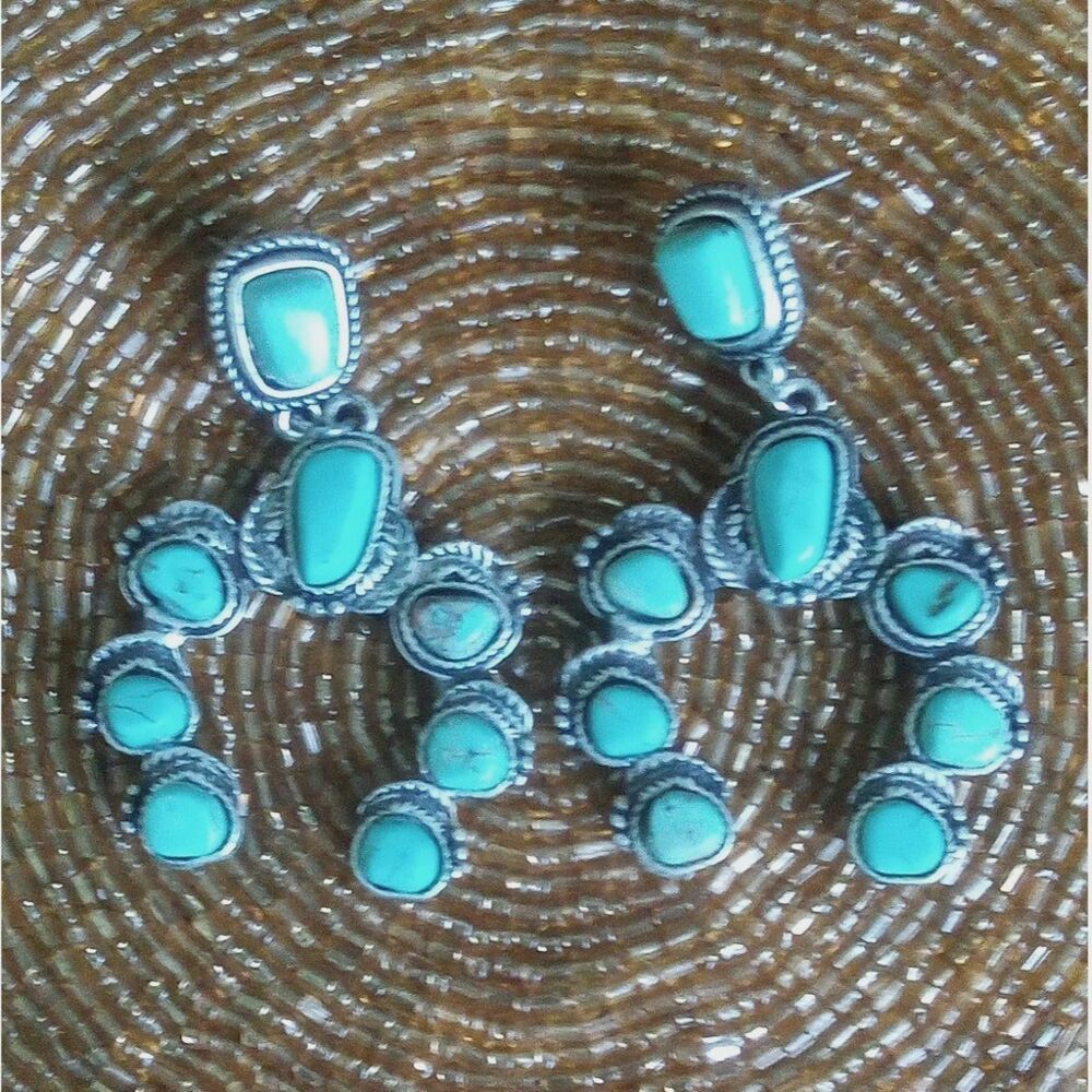 Turquoise Squash Blossom Western Navaho Silver-tone Post Earrings